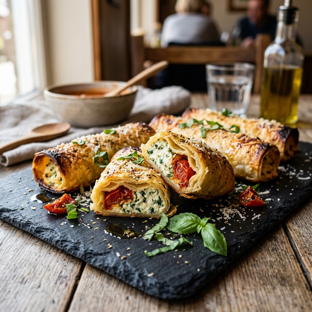 Herb ricotta cannelloni pastry rolls