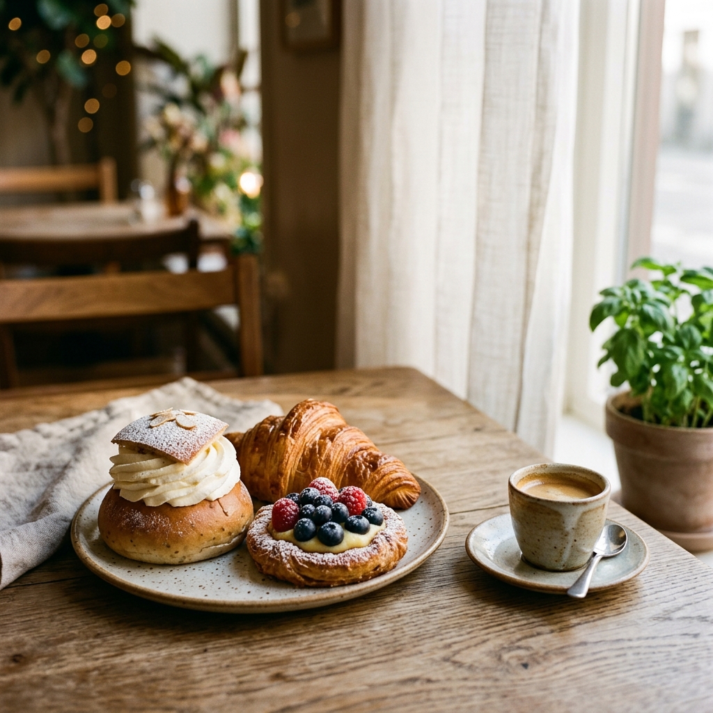 Freshly baked Nordic pastries on a warm wooden table