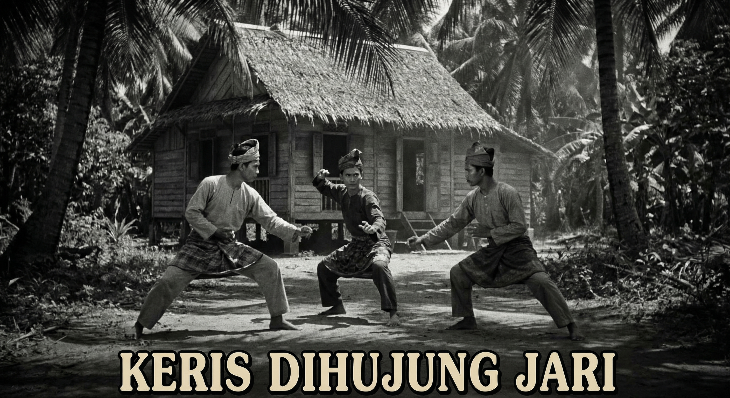 Three Malay warriors practising silat in a kampung village